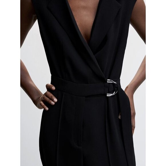 MNG by Mango Black Sleeveless Belted Wrap Straight Leg Jumpsuit XL NWT‎ - Picture 4 of 14
